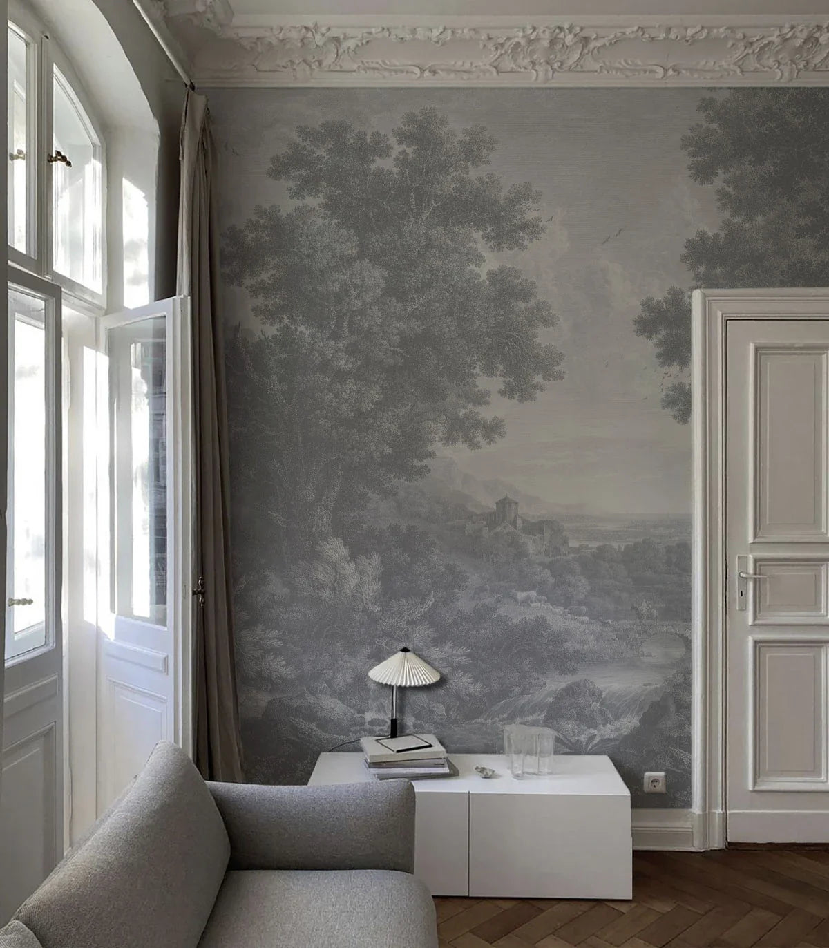 Salon z tapetą ścienną w stylu nowoczesnym