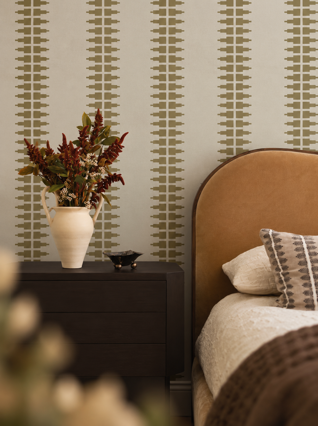 Carta da parati Ornament Line Clay Golden Olive